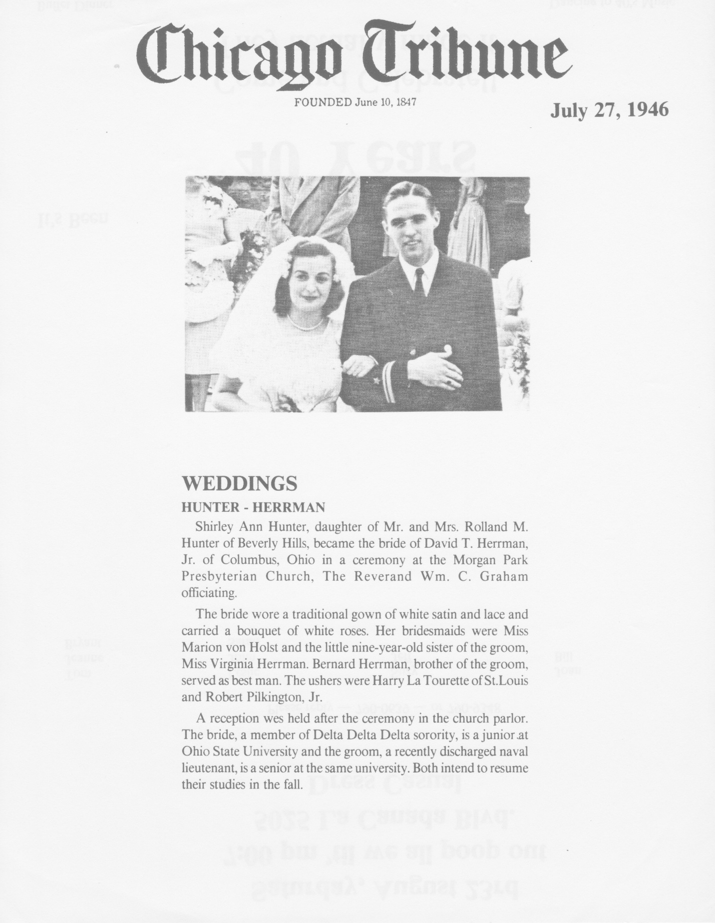 Chicago Tribune wedding announcement, 1946